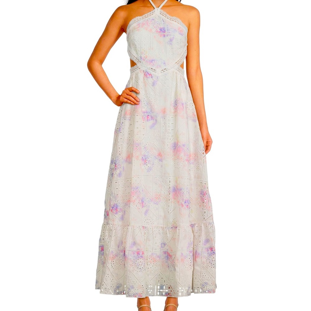 Gianni Bini Delaney Embroidered Eyelet Halter Neck Tie Dye Sleeveless Dress